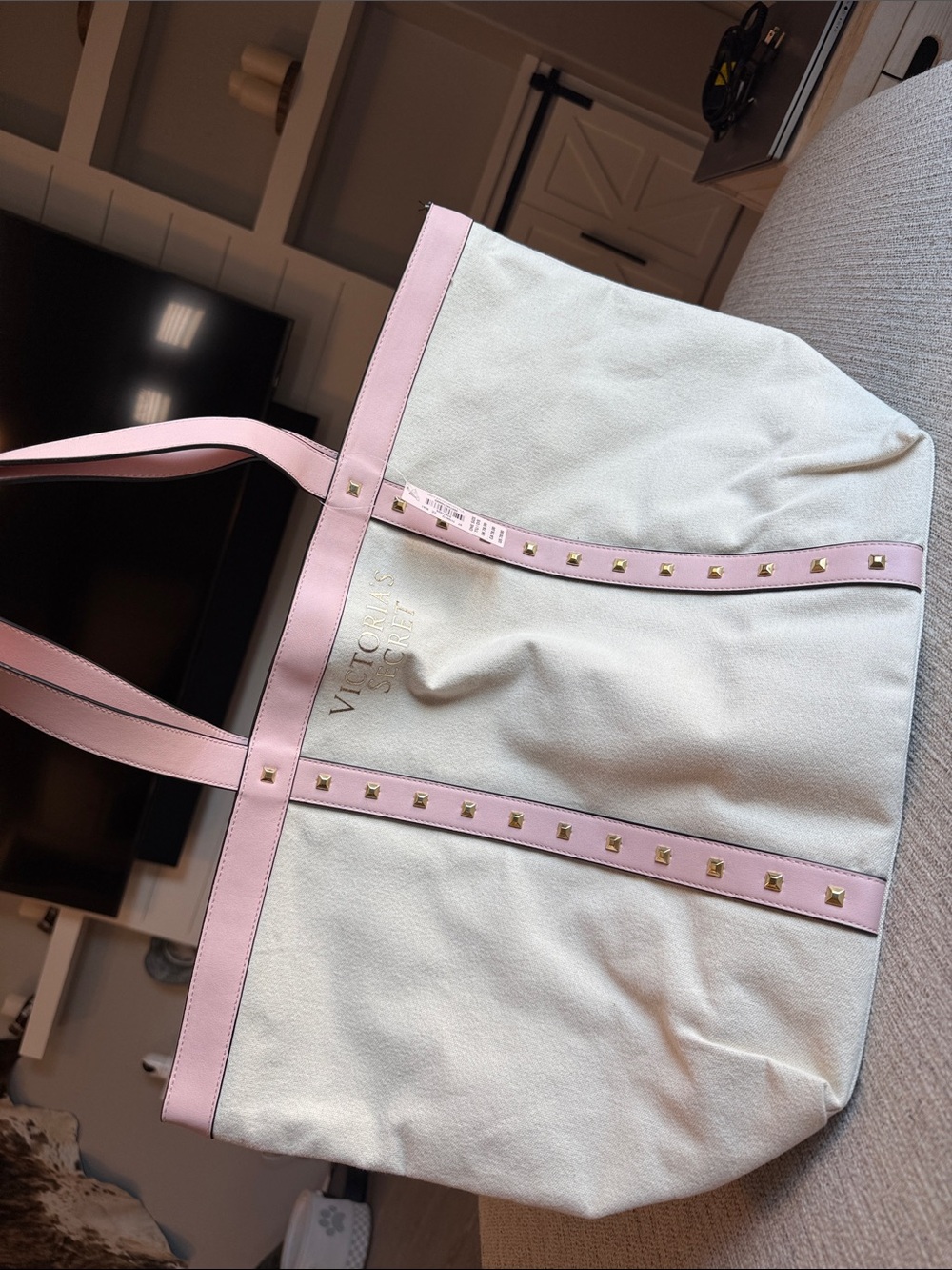 Victoria's Secret White Canvas Tote with Pink Trim and Studs